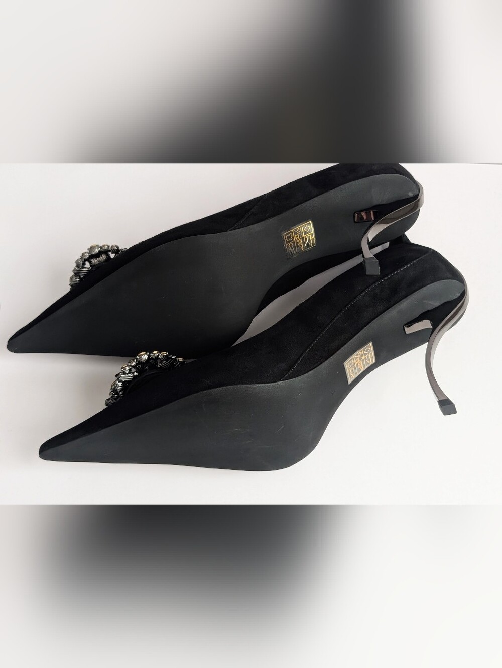 Jeffrey Campbell Parliament Black Suede Crystal Pointed Toe Pumps 8 - Picture 14 of 14